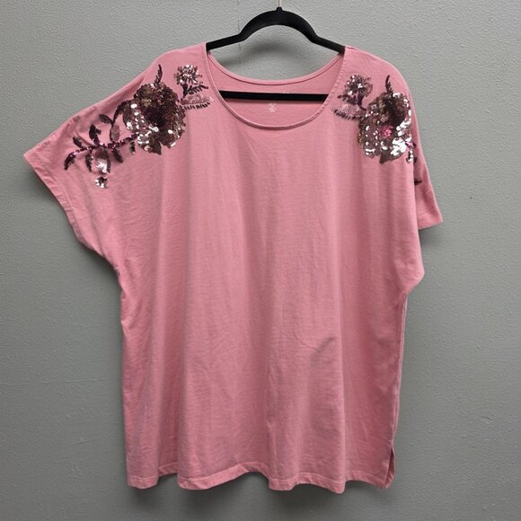 Roaman's Shirt Womens 1X 22/24 Pink Sequin Floral Embellished Scoop Neck Top - Picture 1 of 10